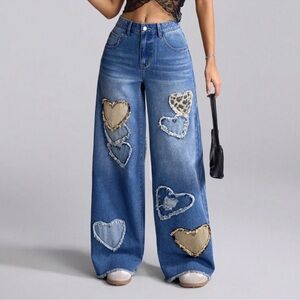 Western Leopard Print Heart Patch Wide Leg Denim Jeans 26 27 28 29 30 31
